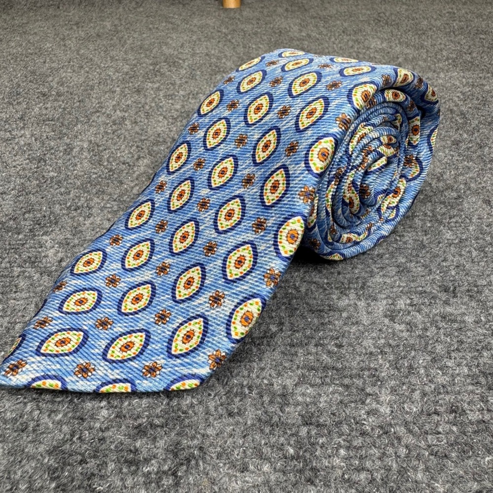 Kiton Napoli Silk Tie Blue Orange Geometric Medallion Hand Made Italy Luxury Men